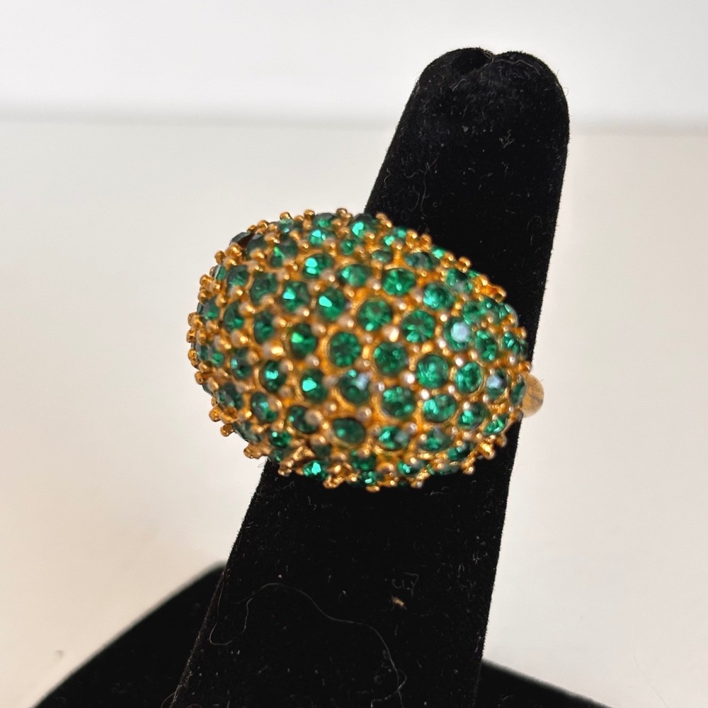 Vintage Cocktail Ring Gold Tone Emerald Green Rhinestone Pave Dome Adjustable